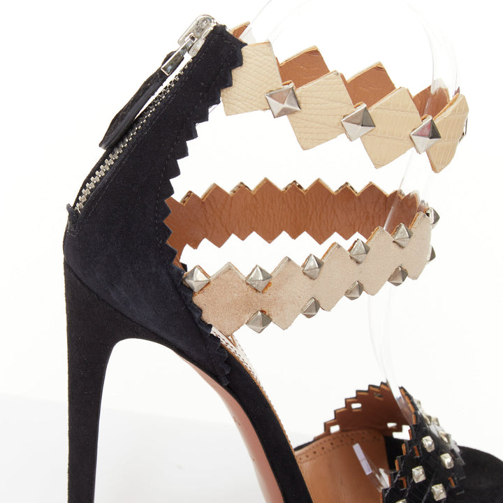 ALAIA 2012 black suede studded zig zag diamond cutout platform sandals EU35
