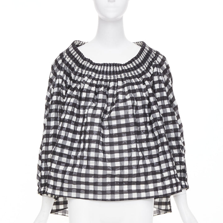 ALAIA black white checked gingham smocked neck asymmetric loose top FR36 S