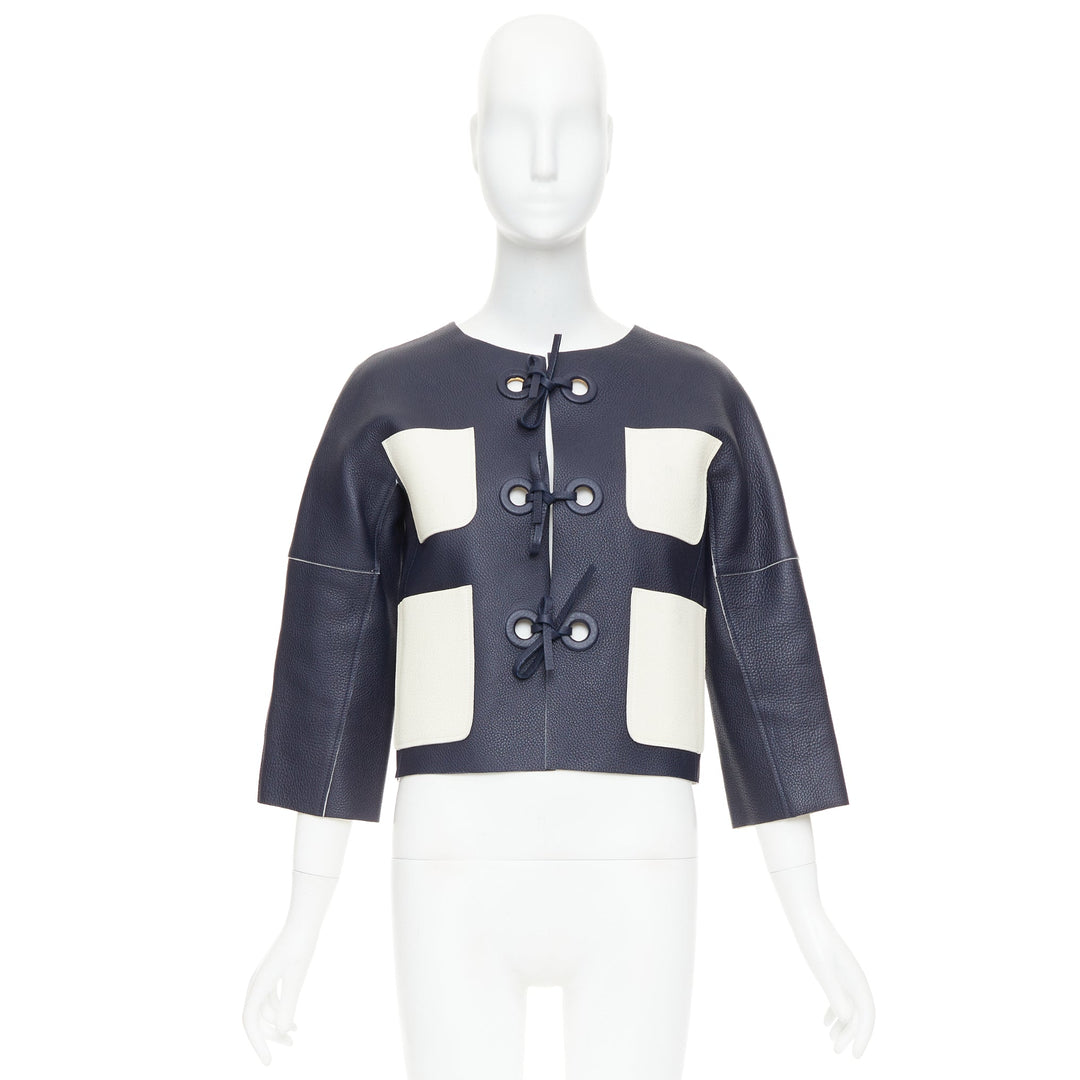 LOUIS VUITTON navy off white textured leather tie front jacket FR36 M