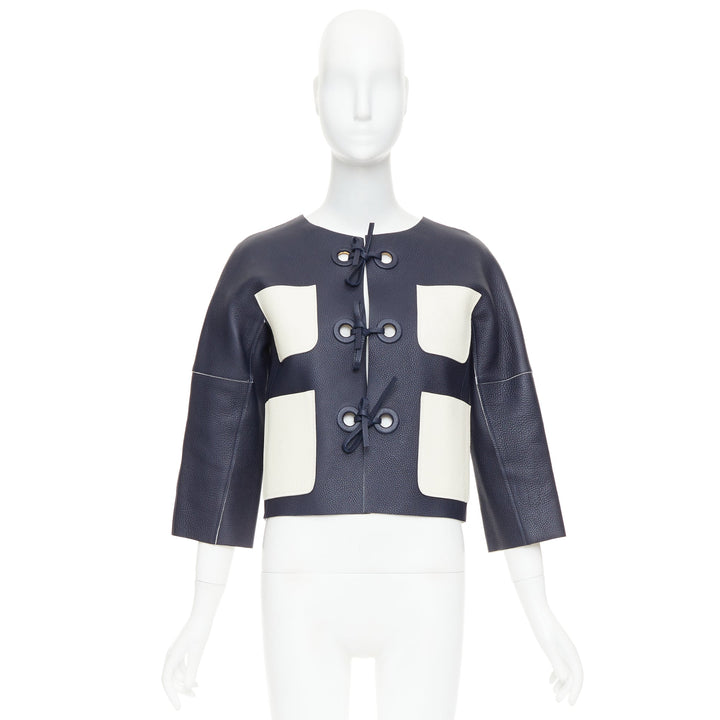 LOUIS VUITTON navy off white textured leather tie front jacket FR36 M