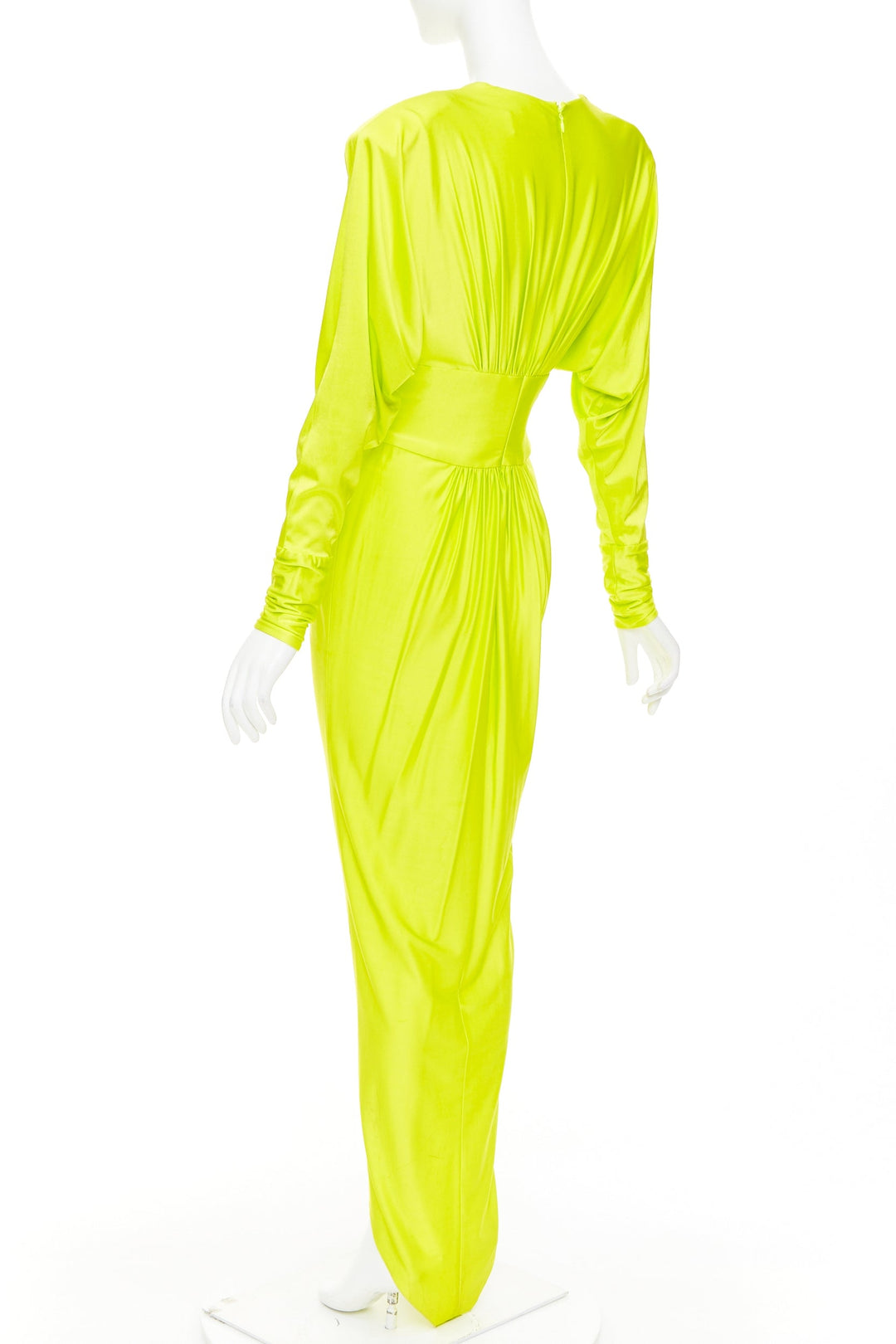 ALEXANDRE VAUTHIER neon yellow viscose Power shoulder plunge drape dress