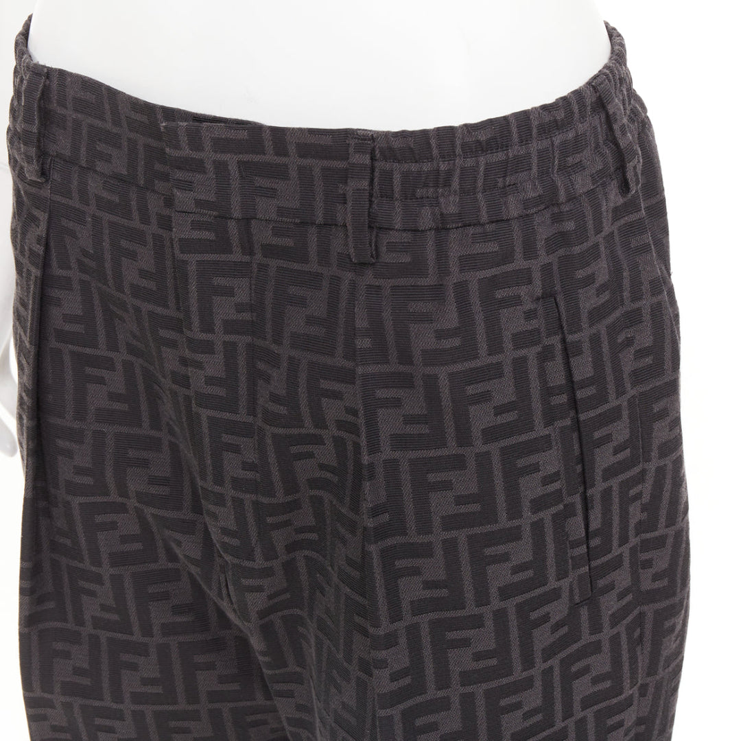 FENDI black FF Zucca monogram jacquard pleat front tapered cropped pants IT48 M