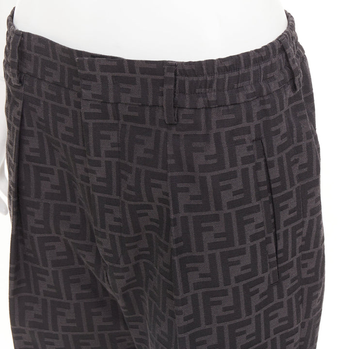 FENDI black FF Zucca monogram jacquard pleat front tapered cropped pants IT48 M