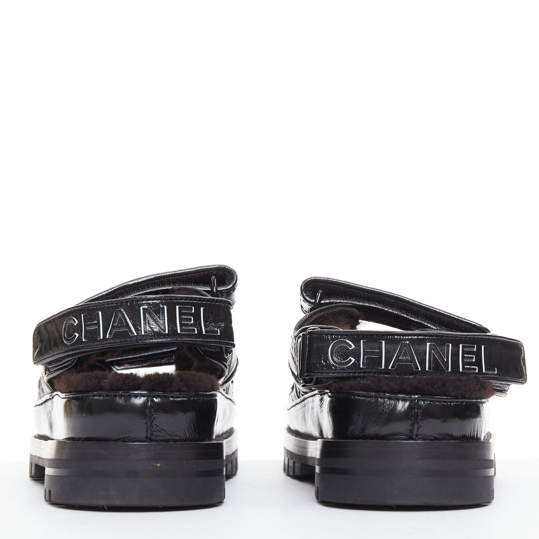 CHANEL 2023 black laminated lambskin shearling crystal CC dad sandals EU37