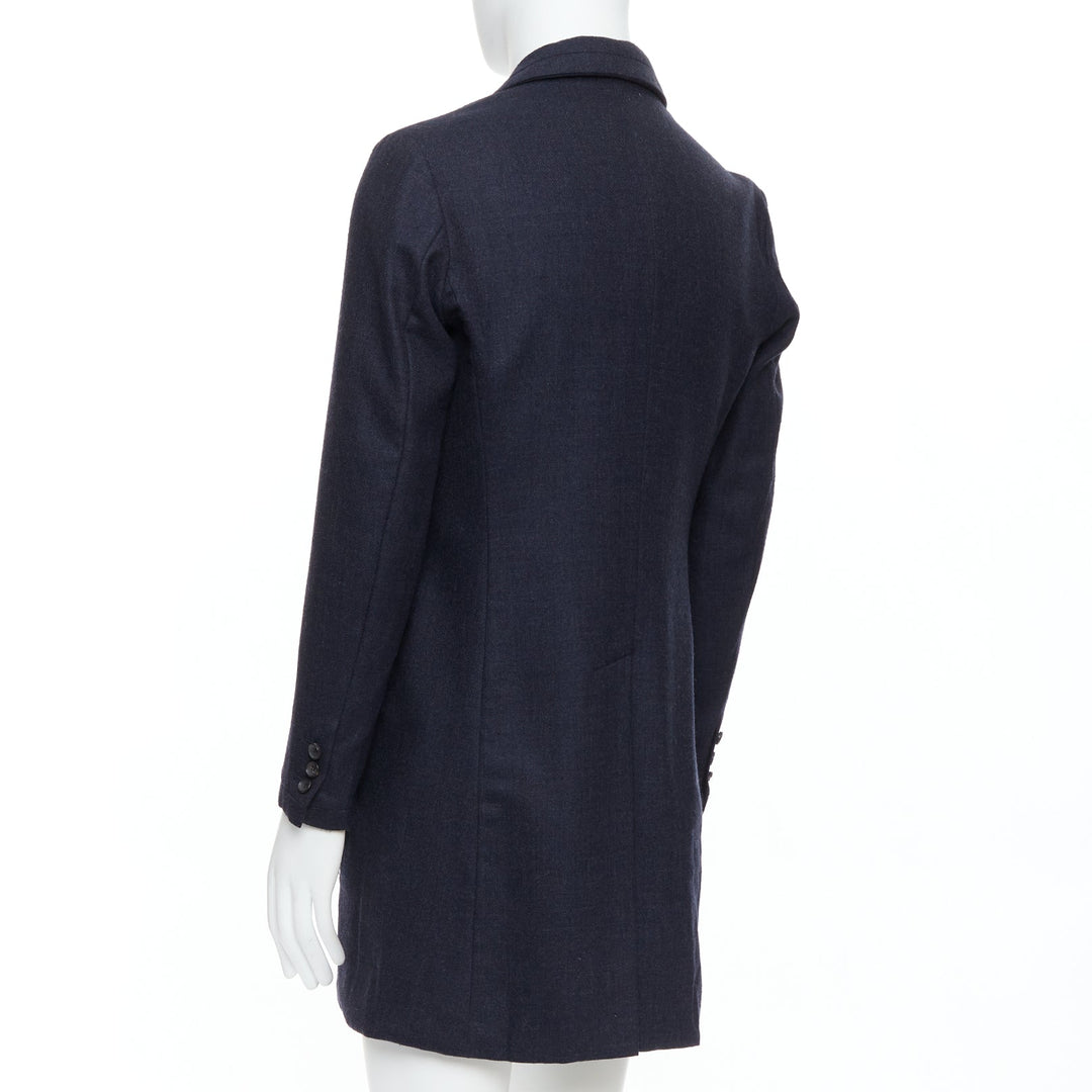 Male mannequin wearing Giuliano Fujiwara Navy Wool Men Coat in Size EU46 | Available at JHROP