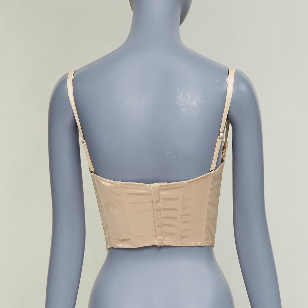 GUCCI 2022 Runway Aria nude beige GG monogram net lace corset bustier top M