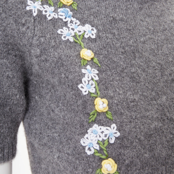 SHUSHU TONG 2024 grey wool embroidered florals lace trim cropped sweater UK6 XS