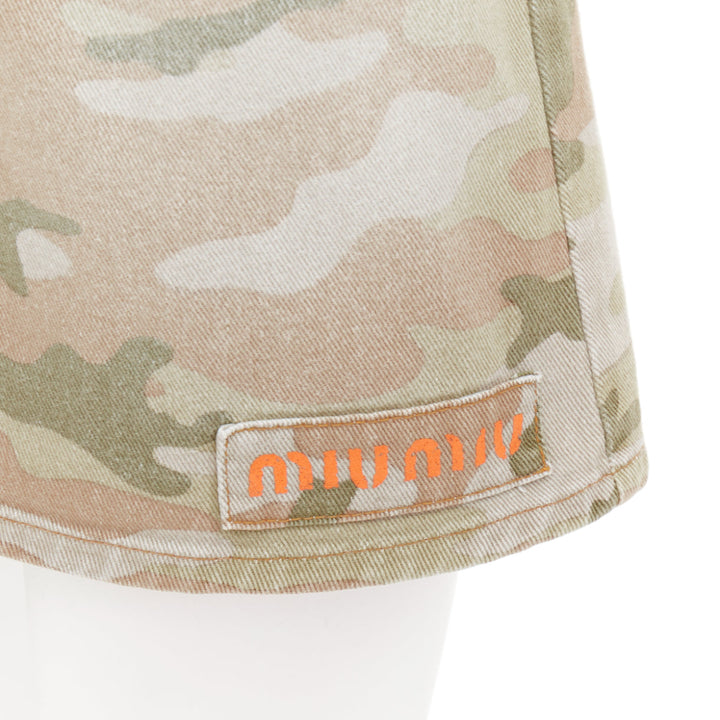 MIU MIU 2019 khaki green washed camo orange logo paperbag waist skirt IT38 XS