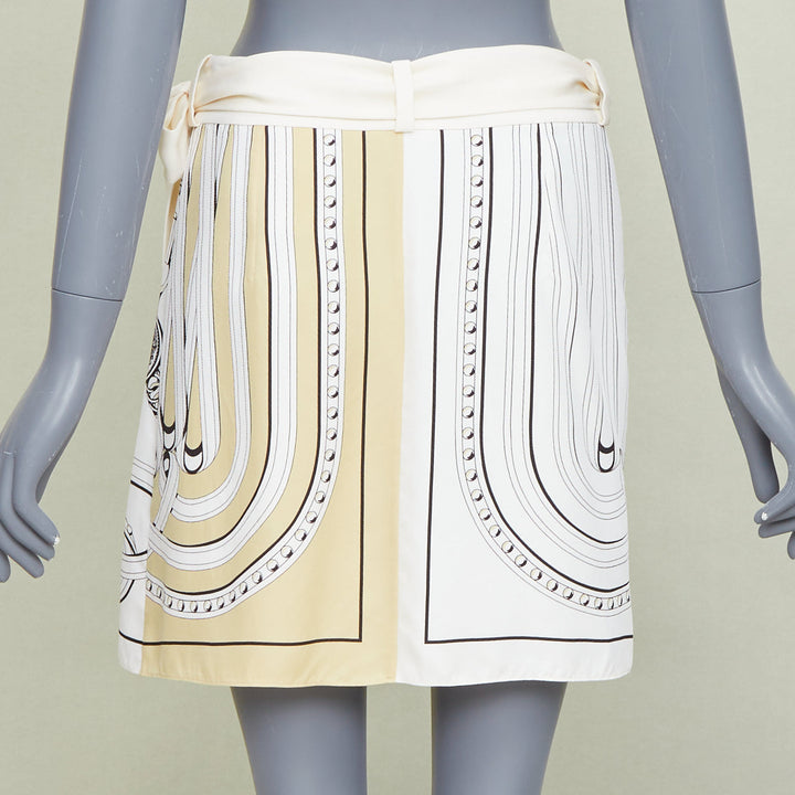 HERMES 100% silk Equestrian Bridle cream silk print wrap skirt FR36 S