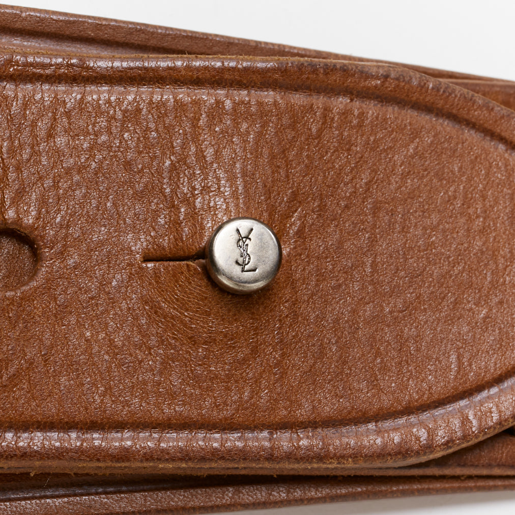 SAINT LAURENT  2015 brown leather chrome metal YSL stud wide military belt 75cm