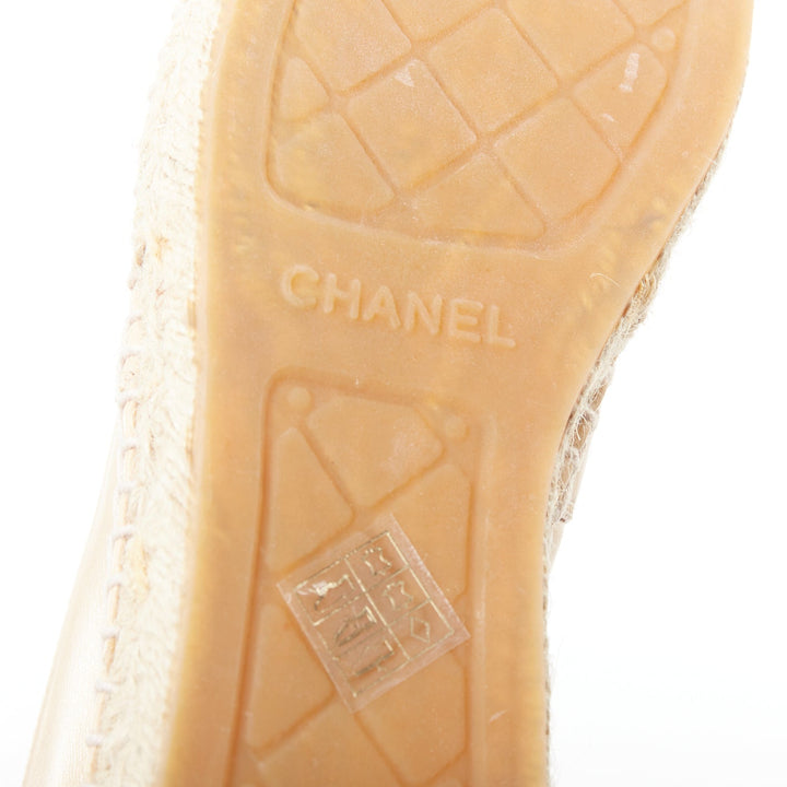 CHANEL nude lamb leather CC logo black toe cap espadrille shoes EU37