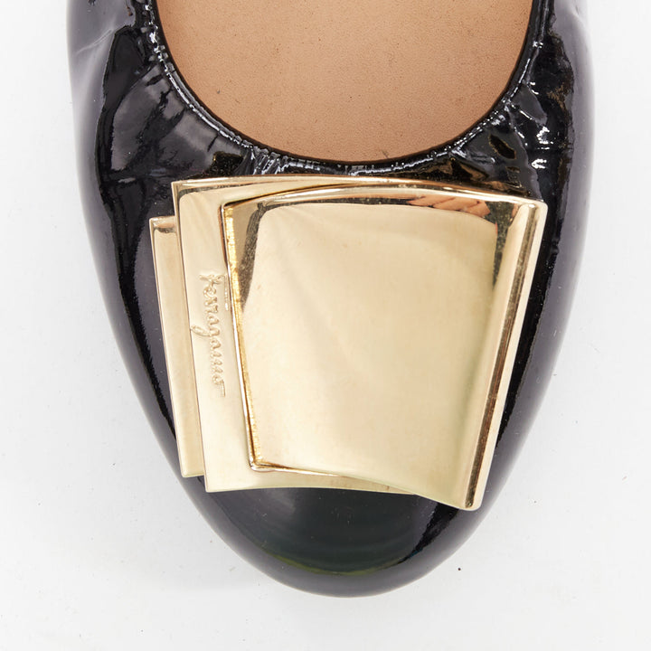 SALVATORE FERRAGAMO gold big buckle black patent leather wedges 6.5