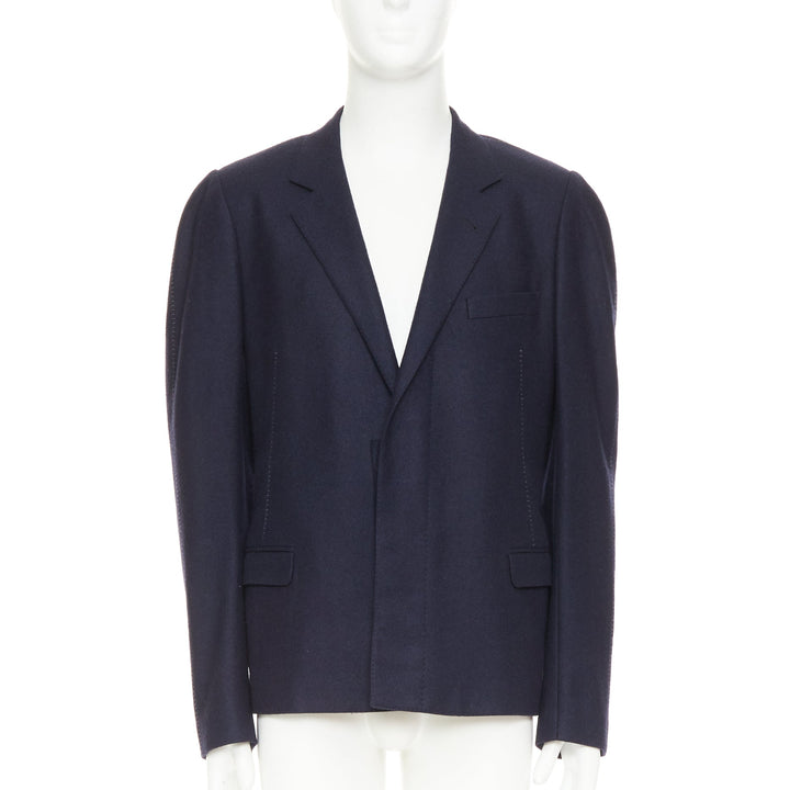 LANVIN navy wool overstitch seams notched lapel single breasted blazer EU52 XL