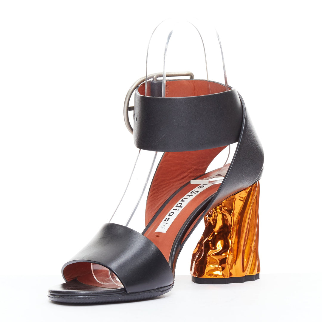 ACNE STUDIOS Obin metallic orange bark heel black leather sandals EU37