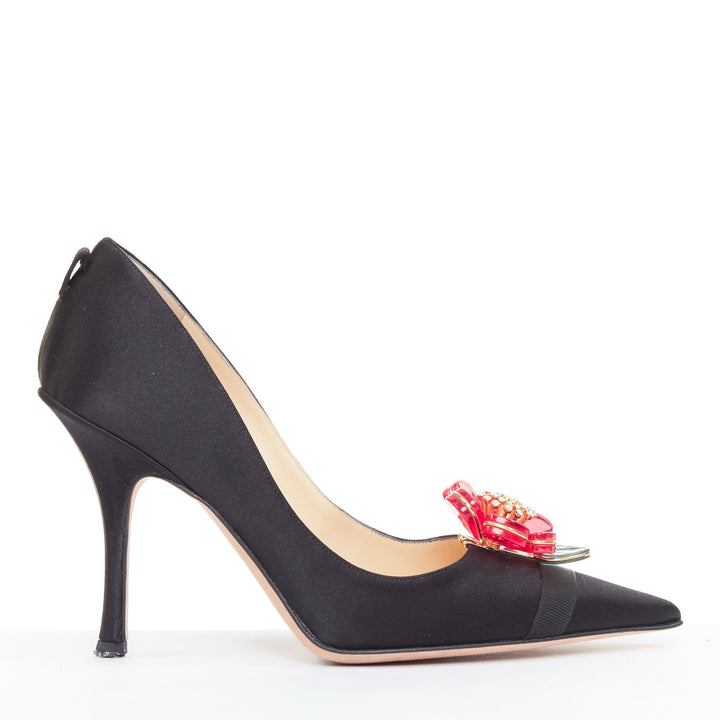 JIMMY CHOO Entice black satin grosgrain red acyrlic flower brooch pumps EU37