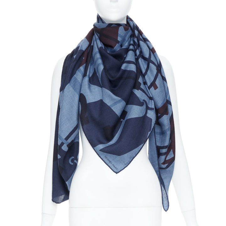 HERMES Imprimeur Fou Brides et Frontaux 140cm navy printed cashmere silk shawl