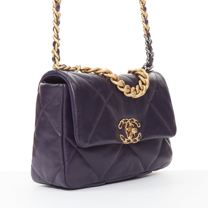 CHANEL 2020 19 Flap dark purple lambskin quilted medium flap 2 way crossbody bag