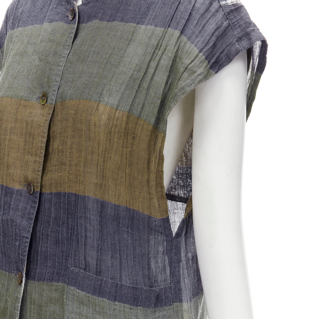 ISSEY MIYAKE Vintage 1970's 100% linen blue green check patchwork vest JP9 S