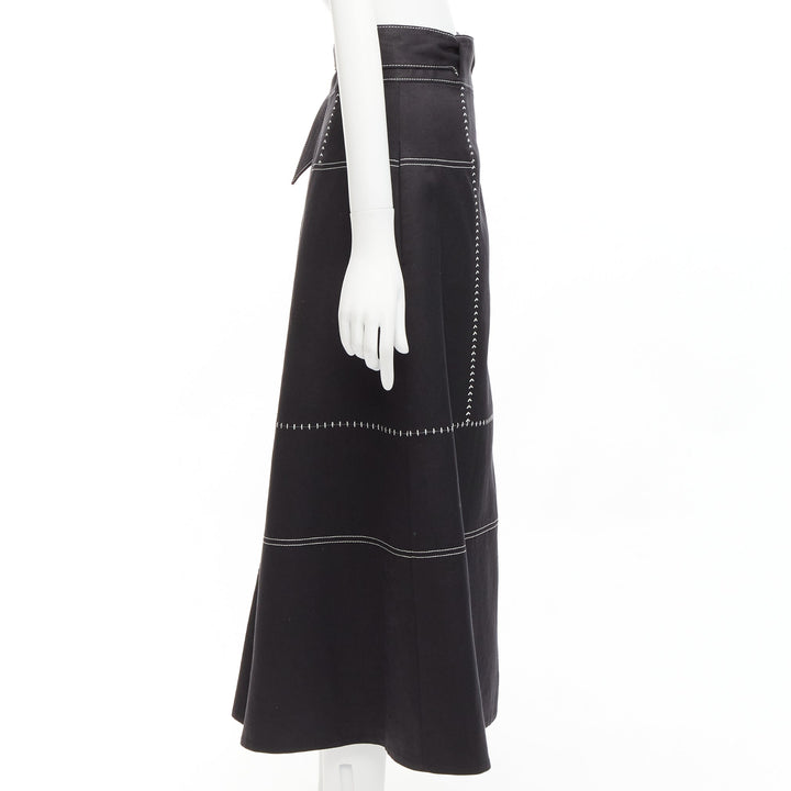 GABRIELA HEARST black 100% linen white overstitched panel wrap skirt IT36 XXS