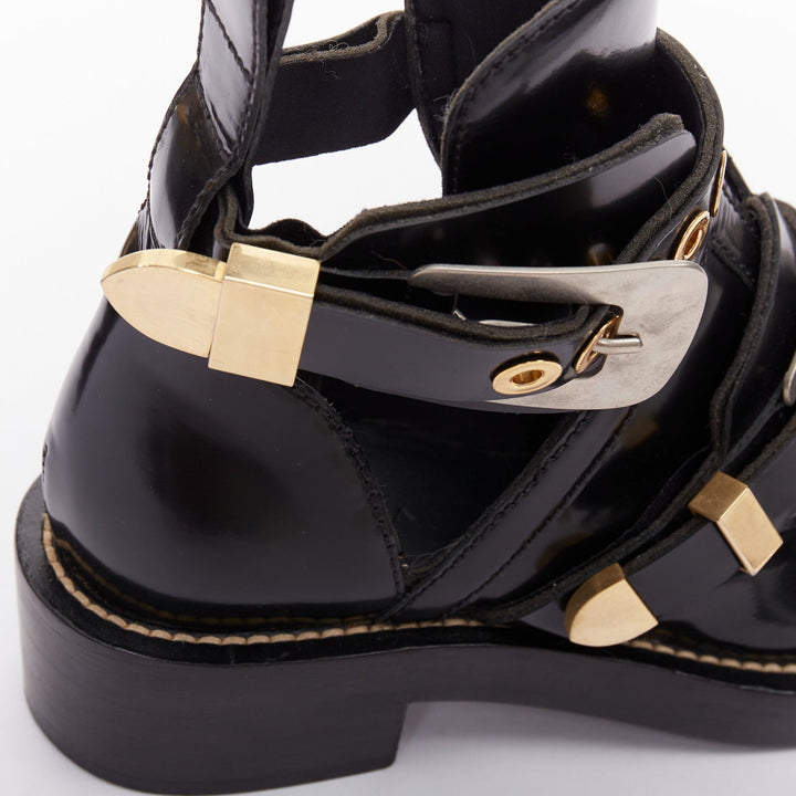 BALENCIAGA Ceinture black mixed metal hardware black cut out moto boots EU35.5