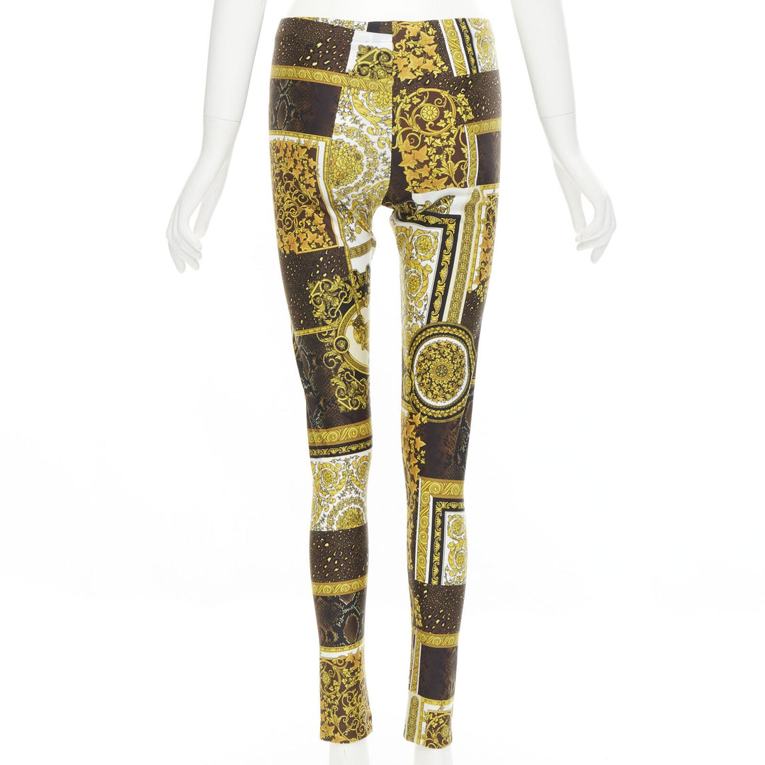 VERSACE Mosaic Barocco black gold brown scaled stretchy leggings S IT40