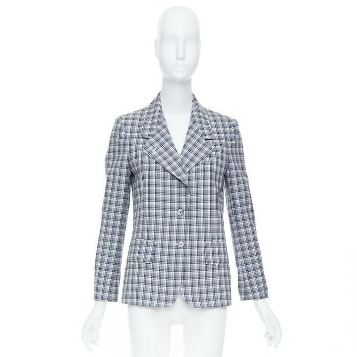 THOM BROWNE grey navy plaid wool multicolor silk lined tailoring blazer IT40 S