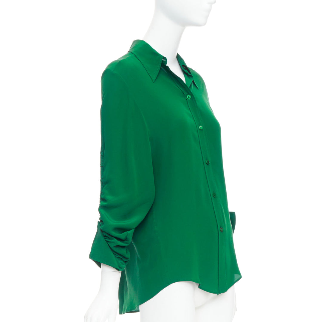 STELLA MCCARTNEY 2017 kelly green 100% silk ruched sleeves dress shirt IT34 XXS