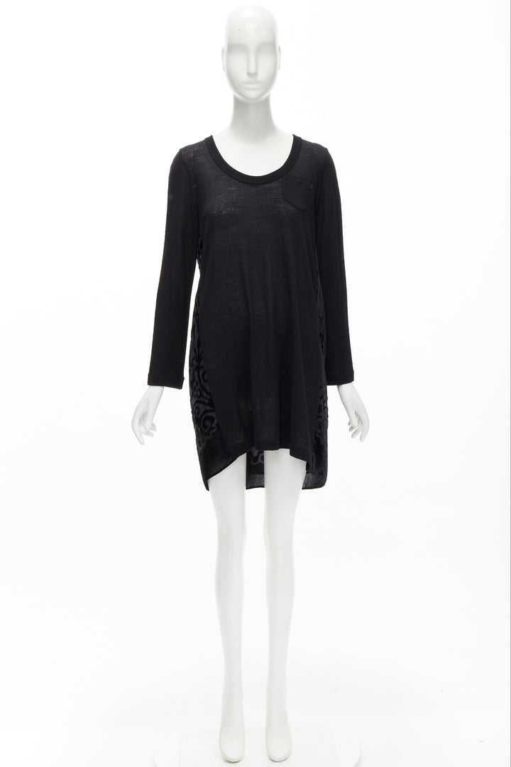 SACAI 2014 black 100% wool velvet devore striped sheer sweater dress JP2 M