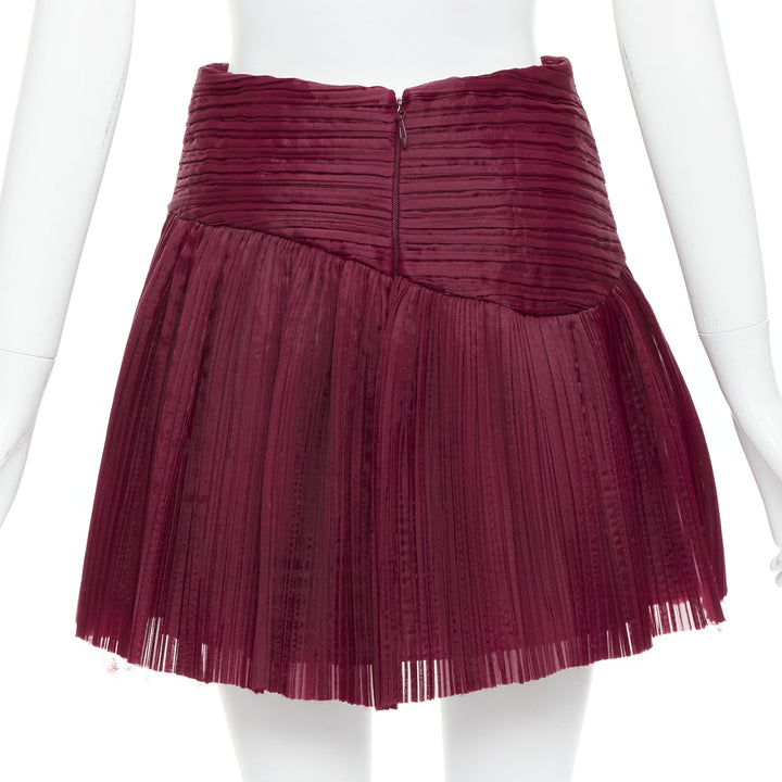 AJE Laurier Wave burgundy plisse organza high waist mini skirt UK6 XS