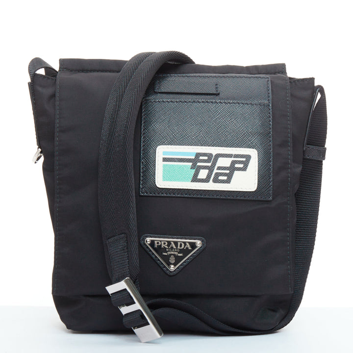 PRADA Racing black tessuto nylon saffiano leather patch logo flap messenger bag