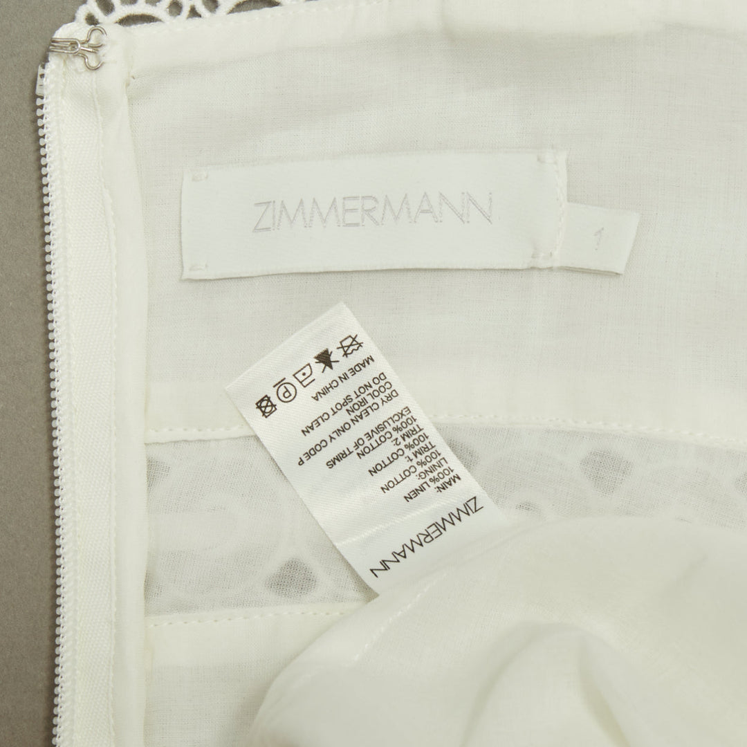 ZIMMERMANN 2020 Kirra Tie Shoulder white linen eyelet lace mini dress Sz1 S