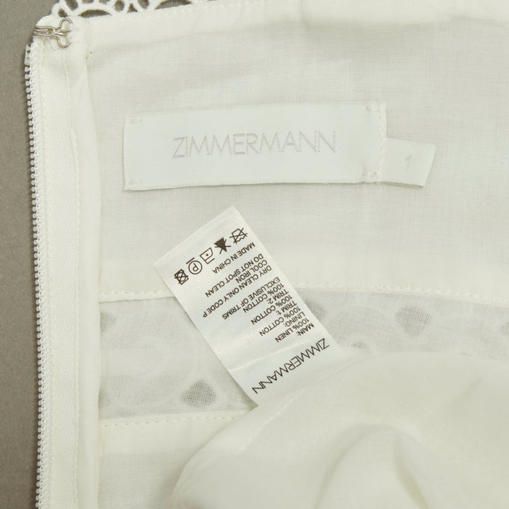 ZIMMERMANN 2020 Kirra Tie Shoulder white linen eyelet lace mini dress Sz1 S