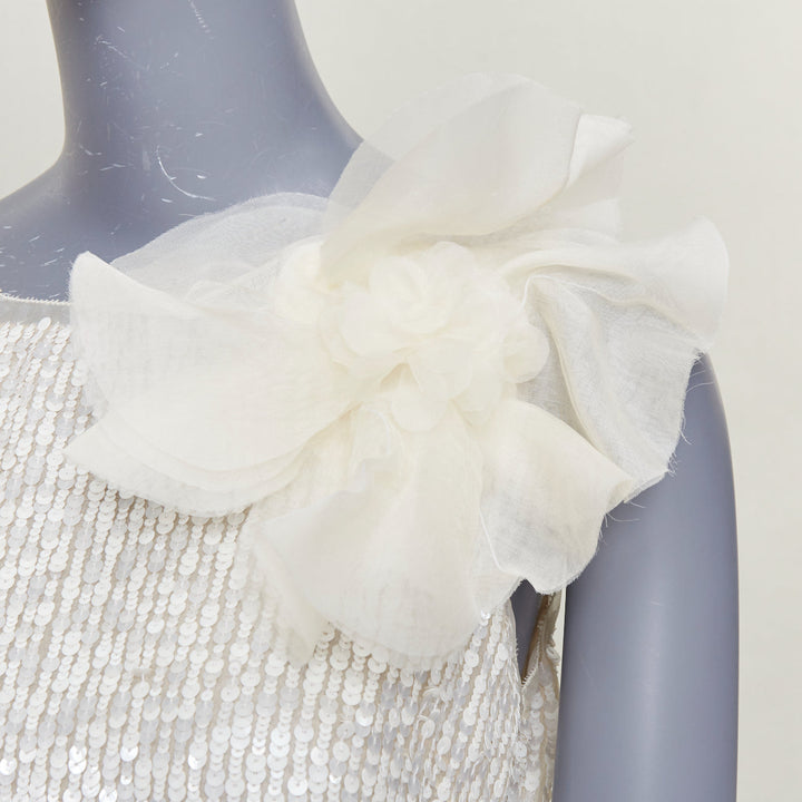 VERA WANG Bridal cream silk organza sequin floral brooch shift dress US4 M