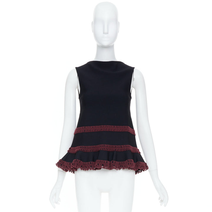 ALAIA burgundy openwork crochet tiered ruffle viscose blend peplum top FR36 S