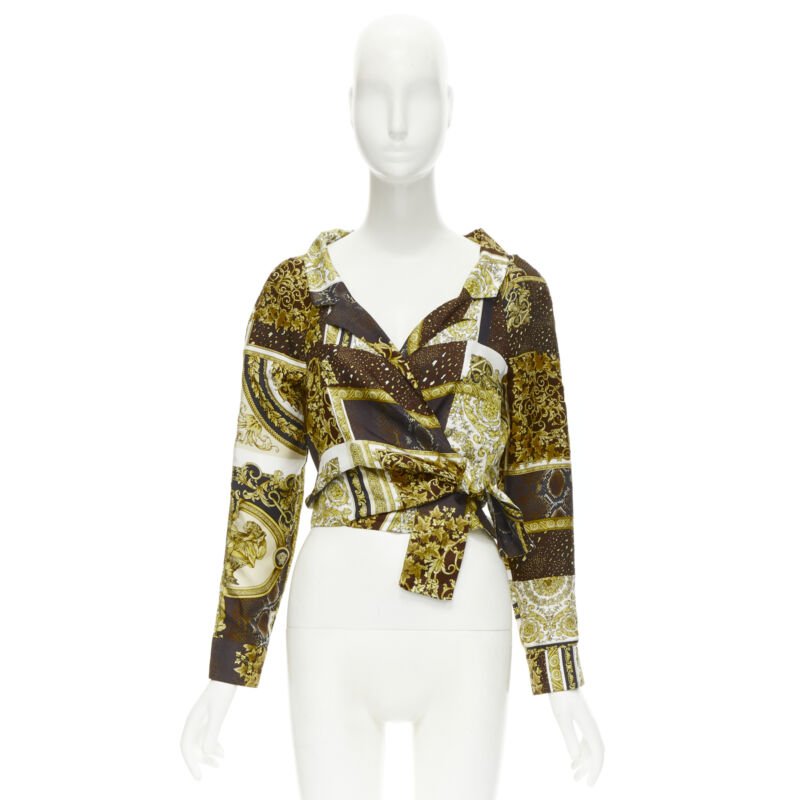 VERSACE 2021 Mosaic Barocco 100% silk print wrap tie cropped shirt IT38 XS