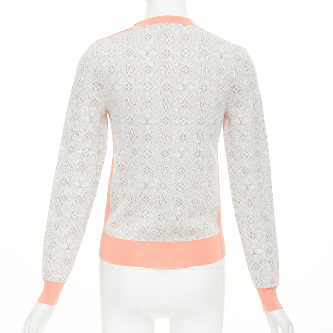 LOUIS VUITTON 2022 Since 1964 Monogram pink grey jacquard gold chain sweater XS