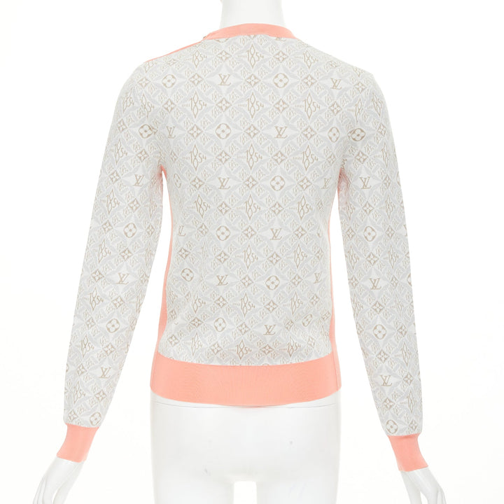 LOUIS VUITTON 2022 Since 1964 Monogram pink grey jacquard gold chain sweater XS