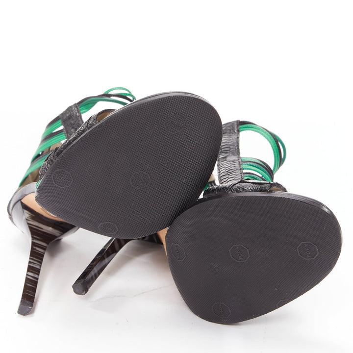 JIMMY CHOO Corsica black green striped wire leather caged heel sandal EU37.5