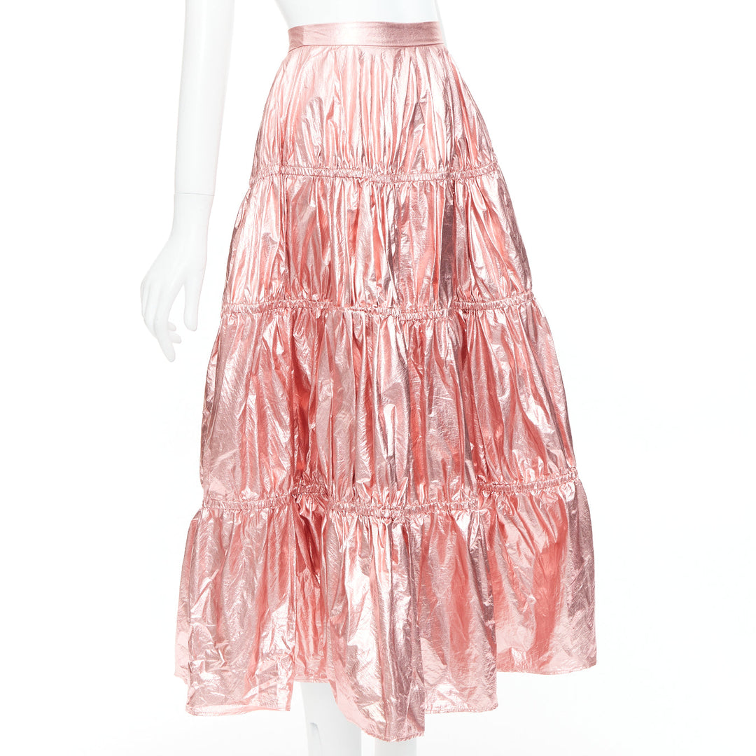 REJINA PYO metallic pink nylon high waist tiered A-line skirt UK6 XS