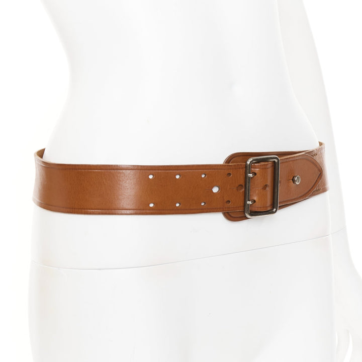 SAINT LAURENT  2015 brown leather chrome metal YSL stud wide military belt 75cm