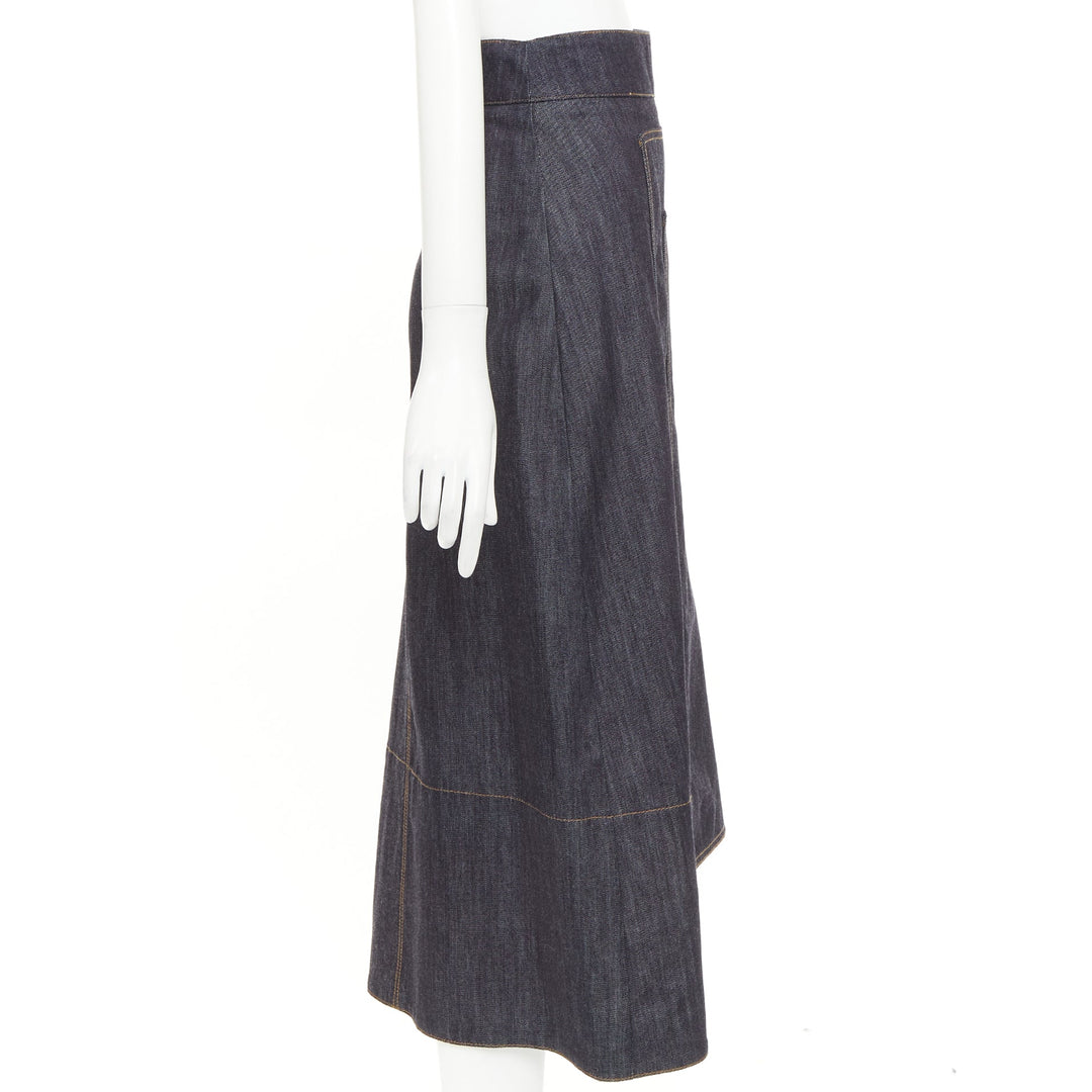 MARNI indigo blue cotton cashmere denim drape asymmetric hem midi skirt IT38 XS