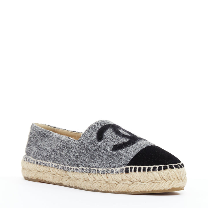 CHANEL grey tweed velvet CC logo toe cap espadrille shoes EU38