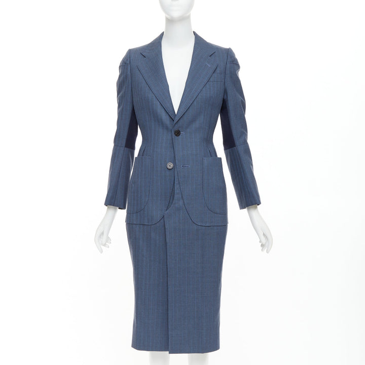 JUNYA WATANABE 2012 Runway blue wool pinstriped tromp loeil seam long coat S
