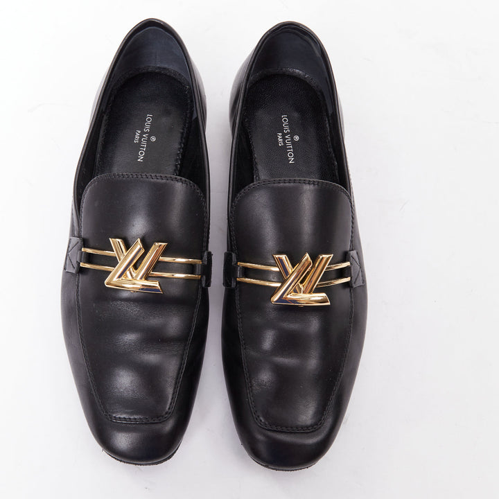 LOUIS VUITTON Upper Case flat black lambskin gold LV bar flat loafers EU36.5