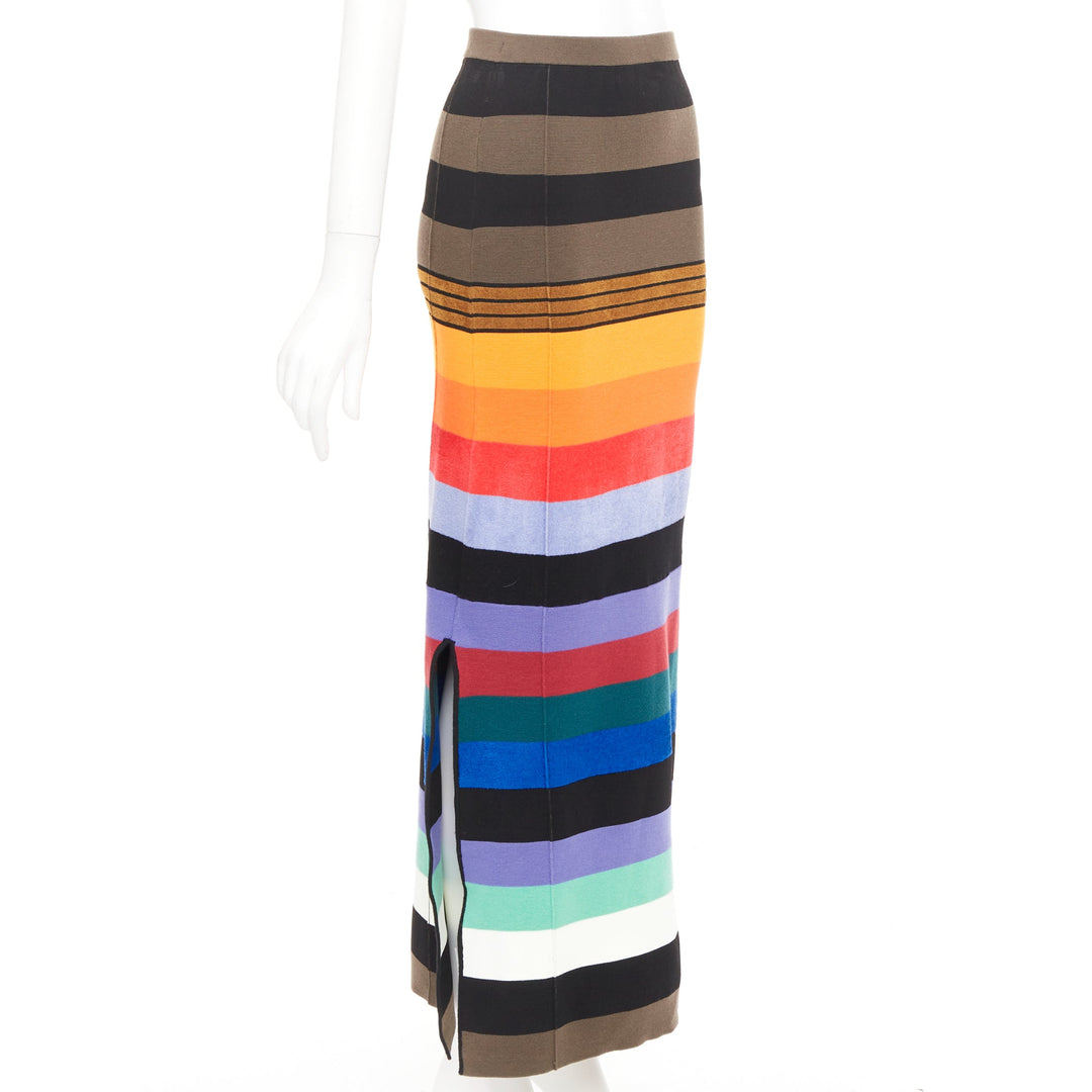 CHRISTOPHER JOHN ROGERS multicolor rainbow stripe knit side slit maxi skirt XS