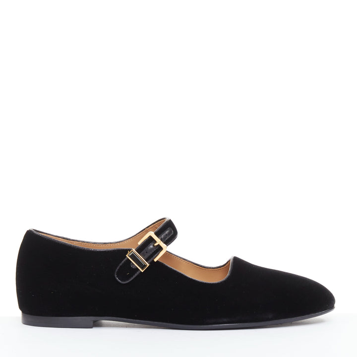THE ROW Ava Mary Jane black velvet stone obsidian gold hardware flats EU37.5