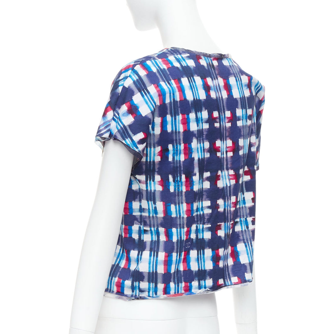 CHANEL 17P Runway blue red check CC logo print silk trim crop top FR36 S