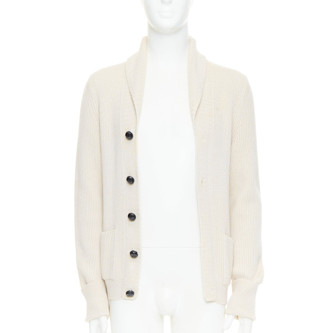 TOM FORD cream 100% wool ribbed shawl collar buttoned cardigan IT46 S