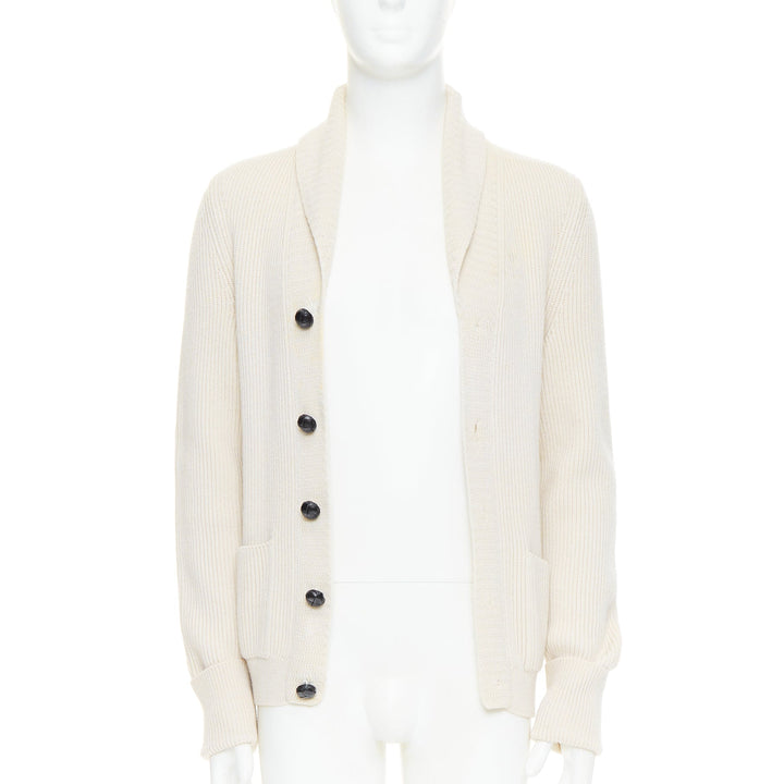 TOM FORD cream 100% wool ribbed shawl collar buttoned cardigan IT46 S