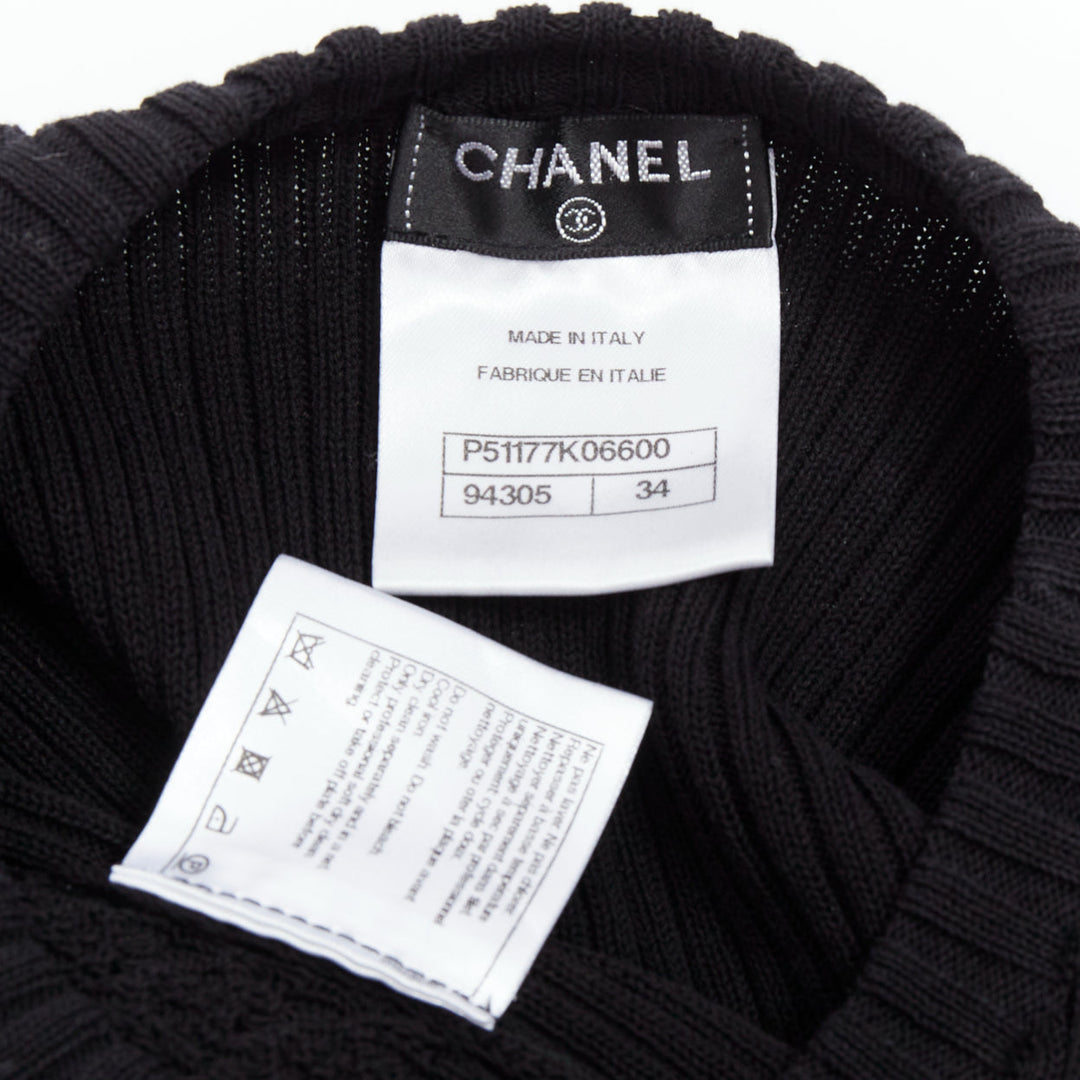 CHANEL black textured knitted CC resin button crossover hem vest FR34 XS